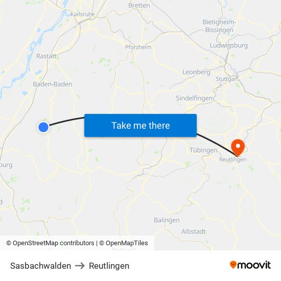 Sasbachwalden to Reutlingen map