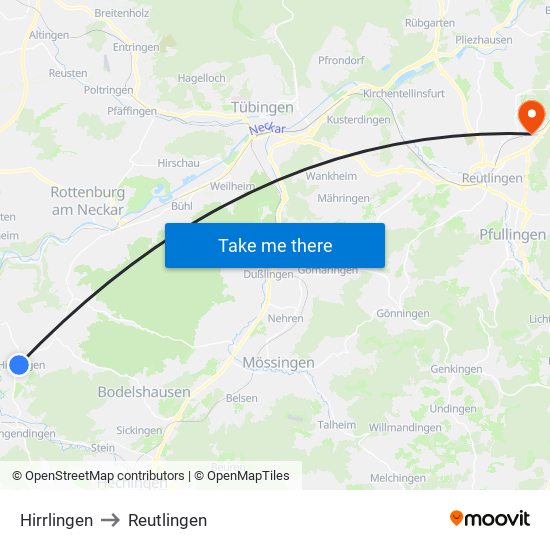 Hirrlingen to Reutlingen map