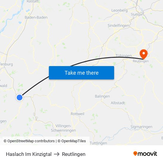 Haslach Im Kinzigtal to Reutlingen map