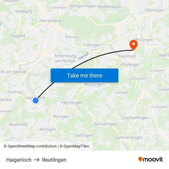 Haigerloch to Reutlingen map