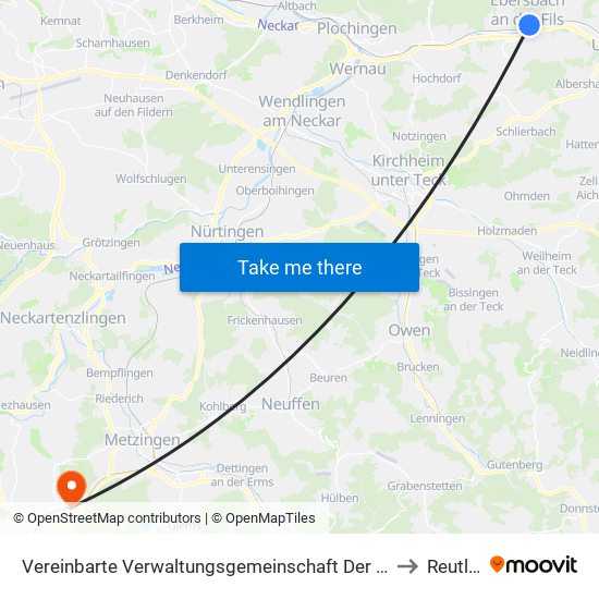 Vereinbarte Verwaltungsgemeinschaft Der Stadt Ebersbach An Der Fils to Reutlingen map