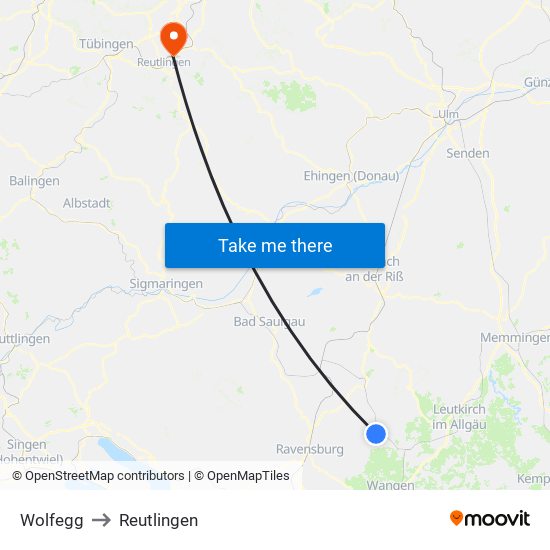 Wolfegg to Reutlingen map