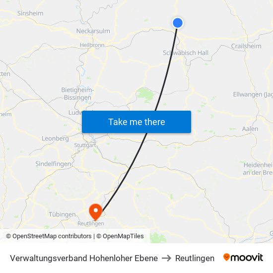 Verwaltungsverband Hohenloher Ebene to Reutlingen map