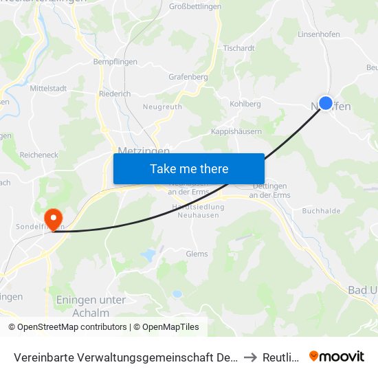 Vereinbarte Verwaltungsgemeinschaft Der Stadt Neuffen to Reutlingen map