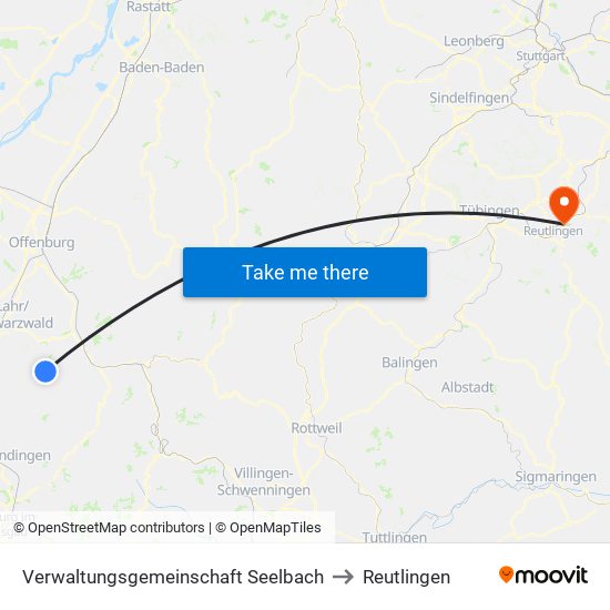 Verwaltungsgemeinschaft Seelbach to Reutlingen map