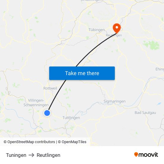 Tuningen to Reutlingen map