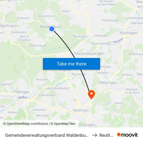 Gemeindeverwaltungsverband Waldenbuch/Steinenbronn to Reutlingen map