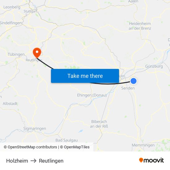 Holzheim to Reutlingen map