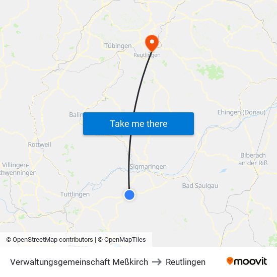 Verwaltungsgemeinschaft Meßkirch to Reutlingen map