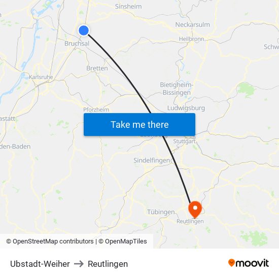 Ubstadt-Weiher to Reutlingen map