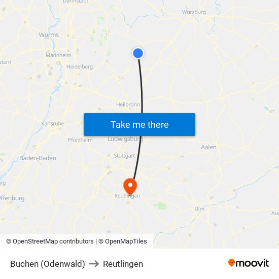 Buchen (Odenwald) to Reutlingen map