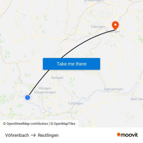 Vöhrenbach to Reutlingen map