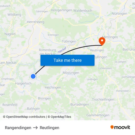 Rangendingen to Reutlingen map