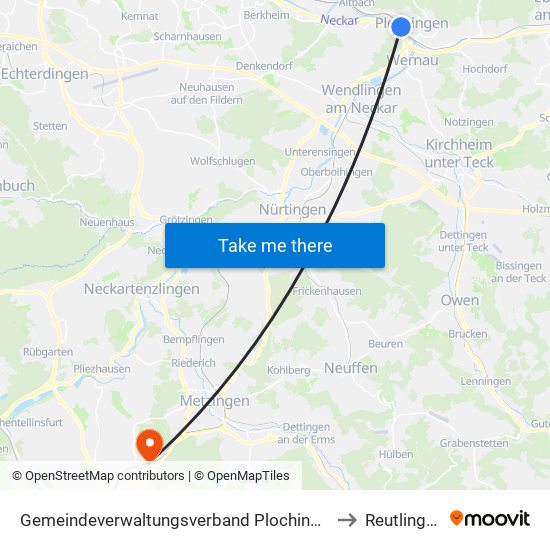 Gemeindeverwaltungsverband Plochingen to Reutlingen map