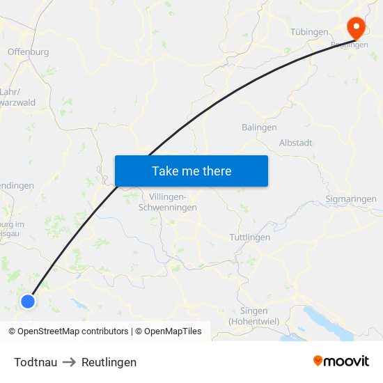 Todtnau to Reutlingen map