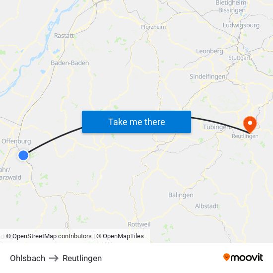 Ohlsbach to Reutlingen map