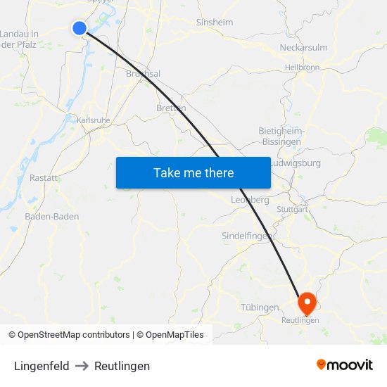 Lingenfeld to Reutlingen map