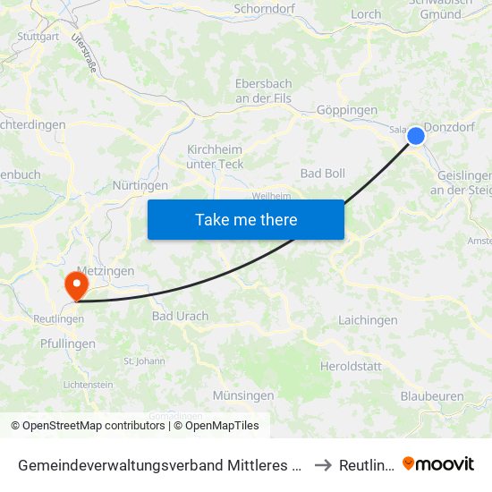Gemeindeverwaltungsverband Mittleres Fils-Lautertal to Reutlingen map