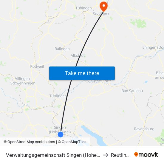 Verwaltungsgemeinschaft Singen (Hohentwiel) to Reutlingen map