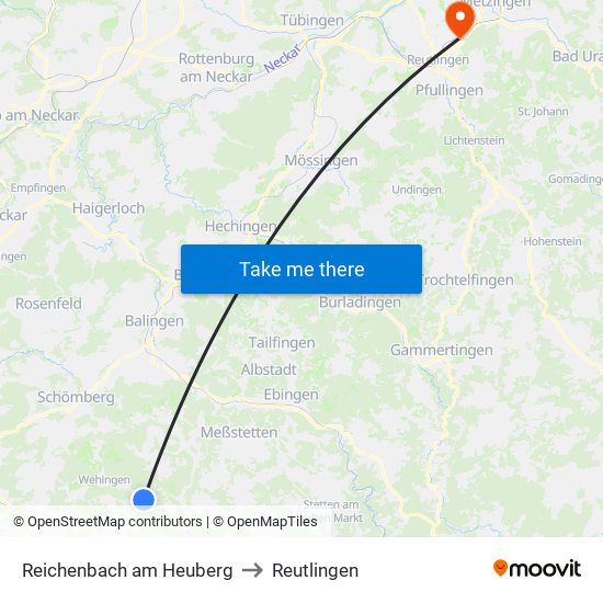 Reichenbach am Heuberg to Reutlingen map