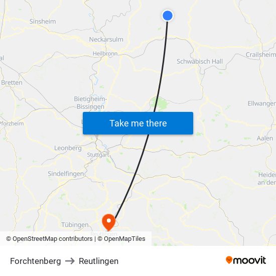 Forchtenberg to Reutlingen map