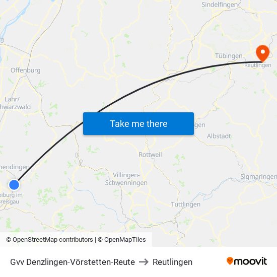 Gvv Denzlingen-Vörstetten-Reute to Reutlingen map