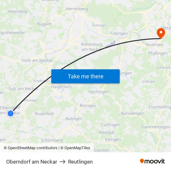 Oberndorf am Neckar to Reutlingen map