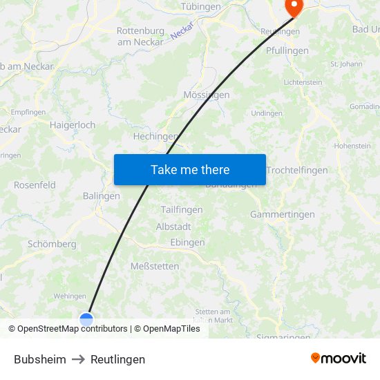 Bubsheim to Reutlingen map