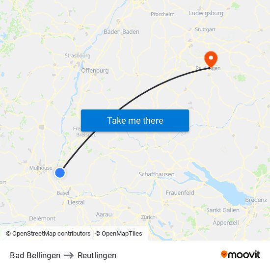 Bad Bellingen to Reutlingen map