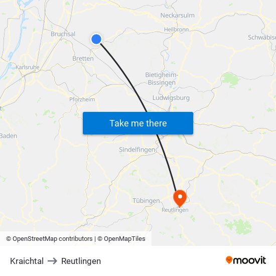 Kraichtal to Reutlingen map