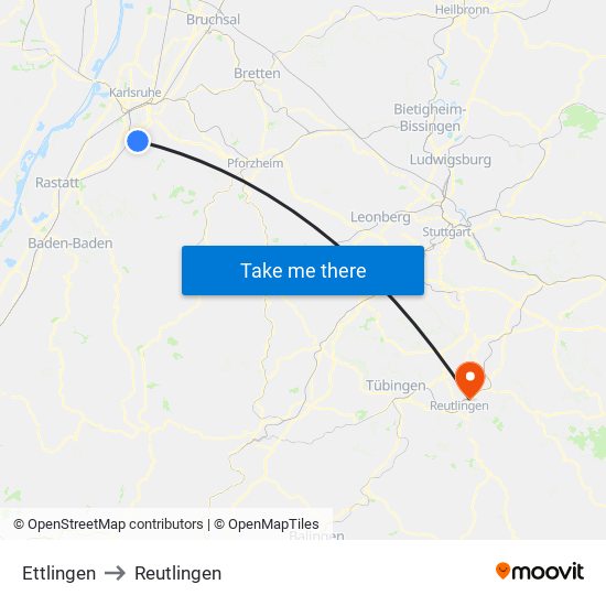 Ettlingen to Reutlingen map