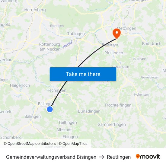 Gemeindeverwaltungsverband Bisingen to Reutlingen map