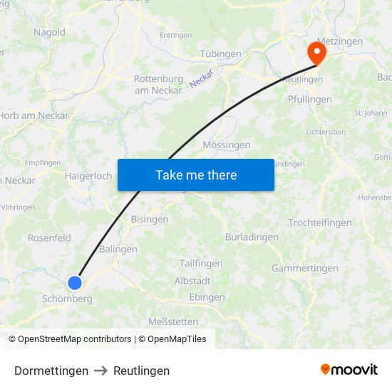 Dormettingen to Reutlingen map