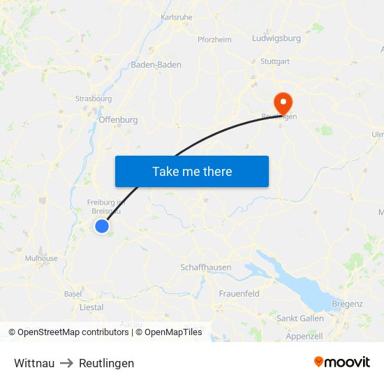 Wittnau to Reutlingen map