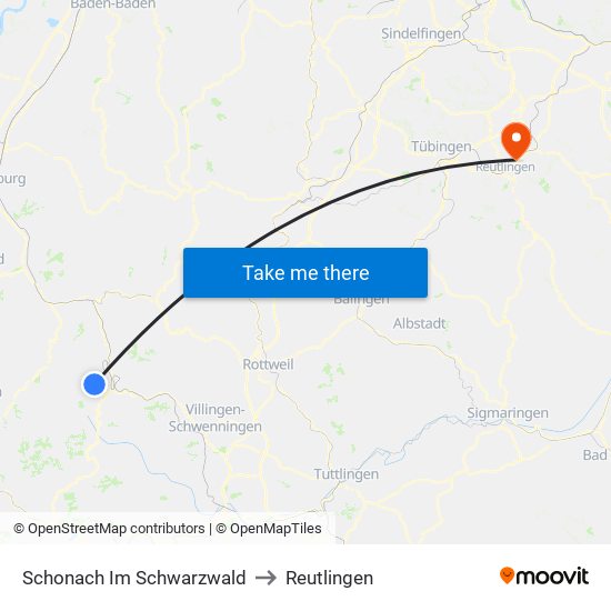 Schonach Im Schwarzwald to Reutlingen map