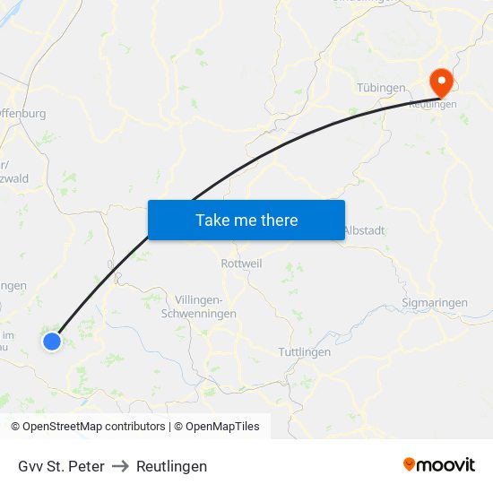 Gvv St. Peter to Reutlingen map