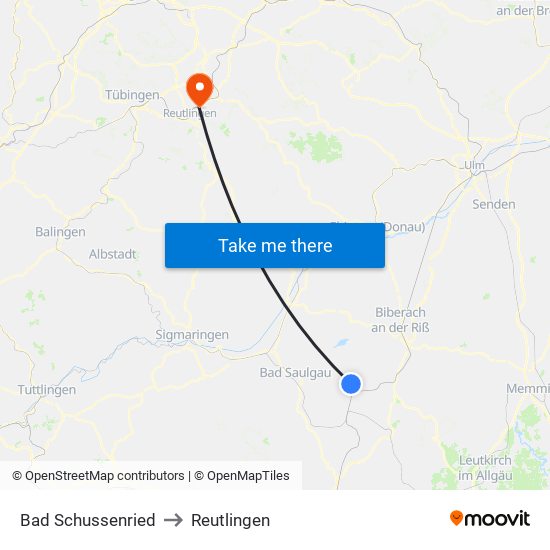 Bad Schussenried to Reutlingen map