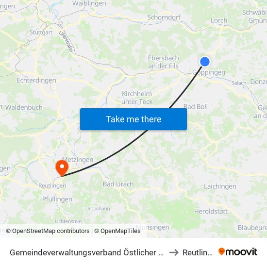 Gemeindeverwaltungsverband Östlicher Schurwald to Reutlingen map