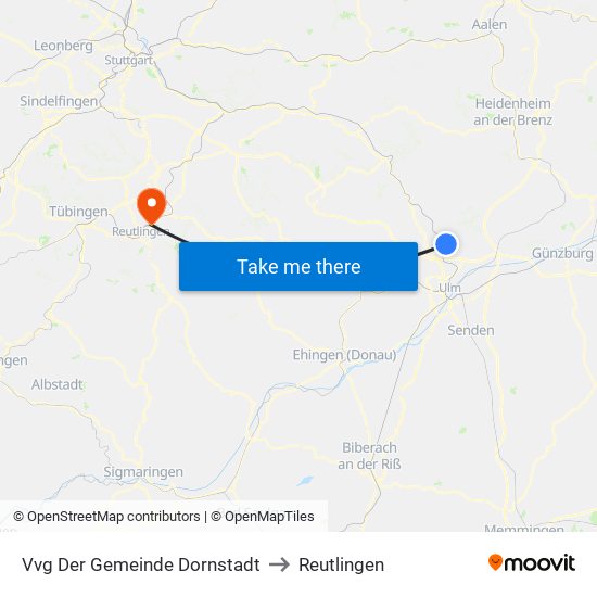 Vvg Der Gemeinde Dornstadt to Reutlingen map