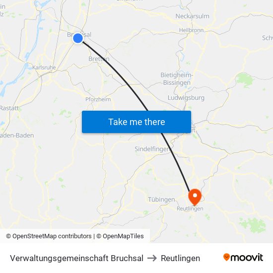 Verwaltungsgemeinschaft Bruchsal to Reutlingen map