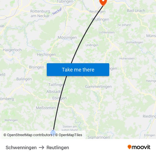 Schwenningen to Reutlingen map