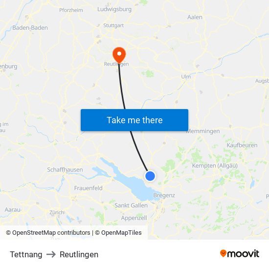 Tettnang to Reutlingen map