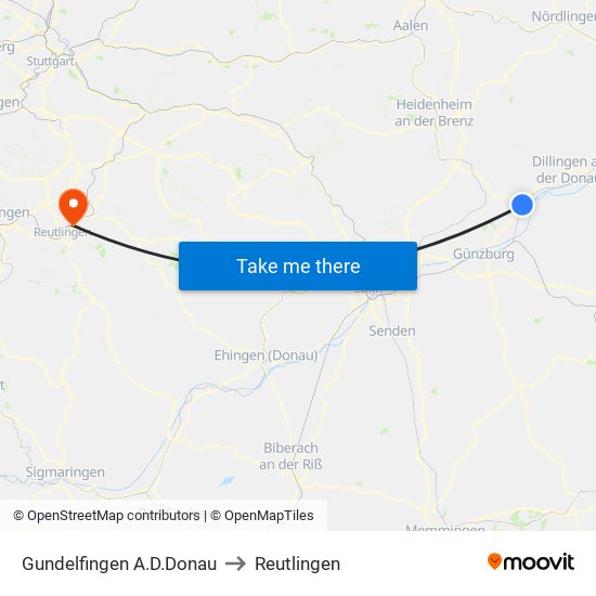 Gundelfingen A.D.Donau to Reutlingen map