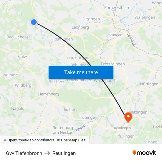 Gvv Tiefenbronn to Reutlingen map