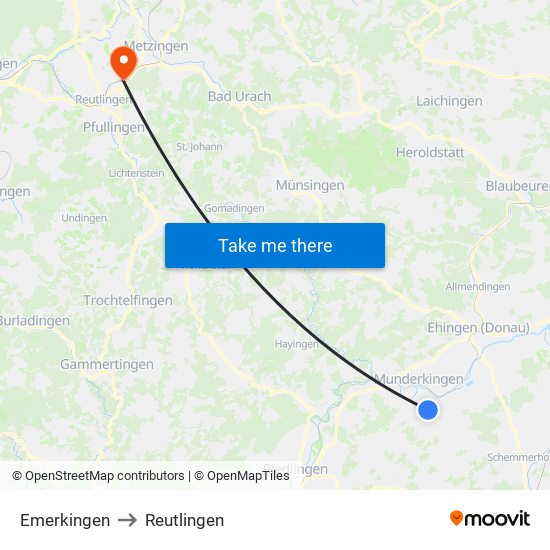 Emerkingen to Reutlingen map