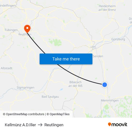 Kellmünz A.D.Iller to Reutlingen map