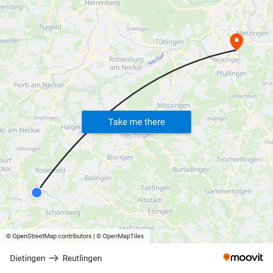 Dietingen to Reutlingen map