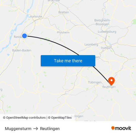 Muggensturm to Reutlingen map