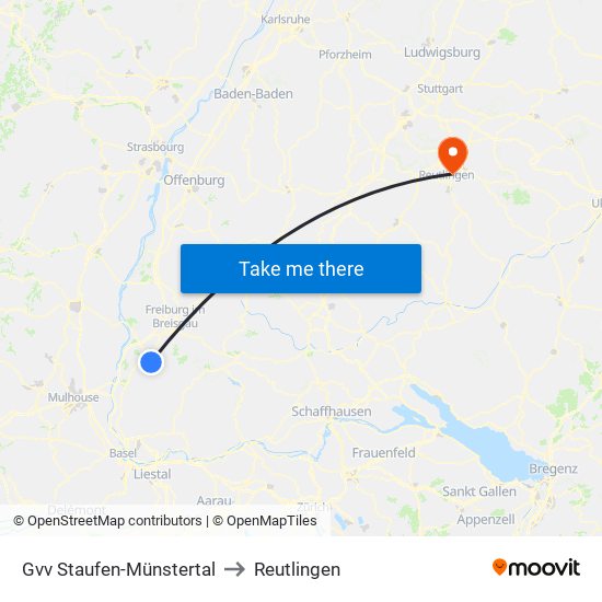 Gvv Staufen-Münstertal to Reutlingen map