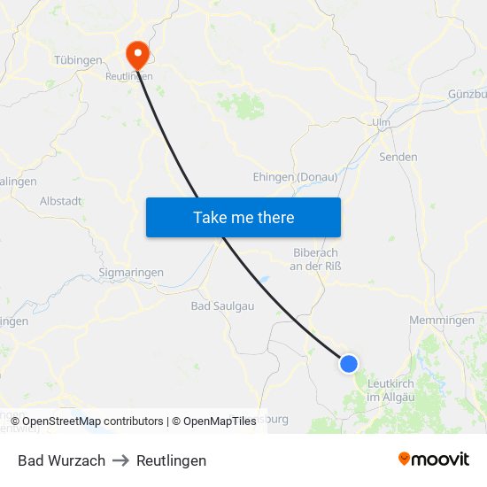 Bad Wurzach to Reutlingen map